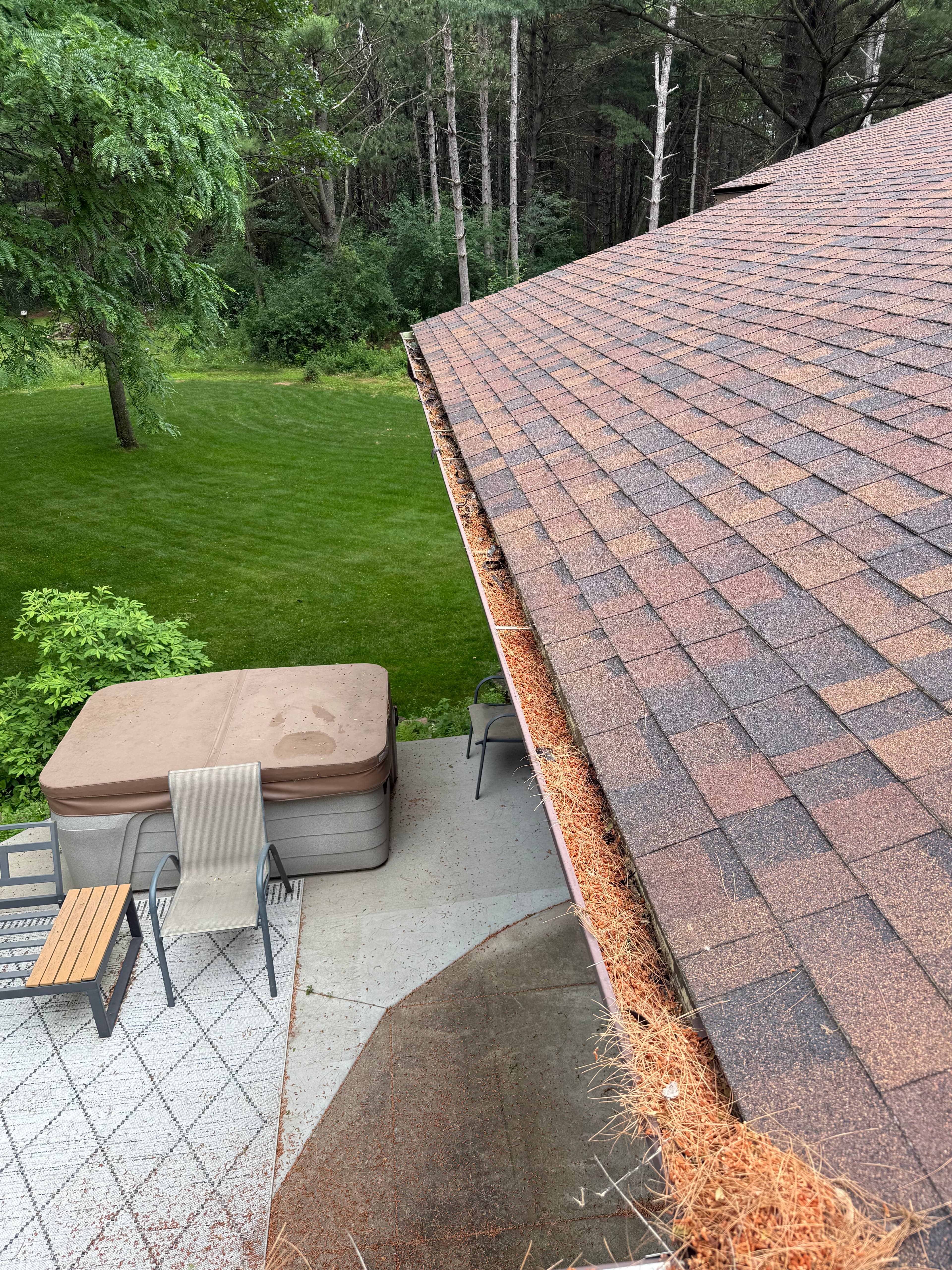 Gutter before cleaning with leaf and dirt buildup