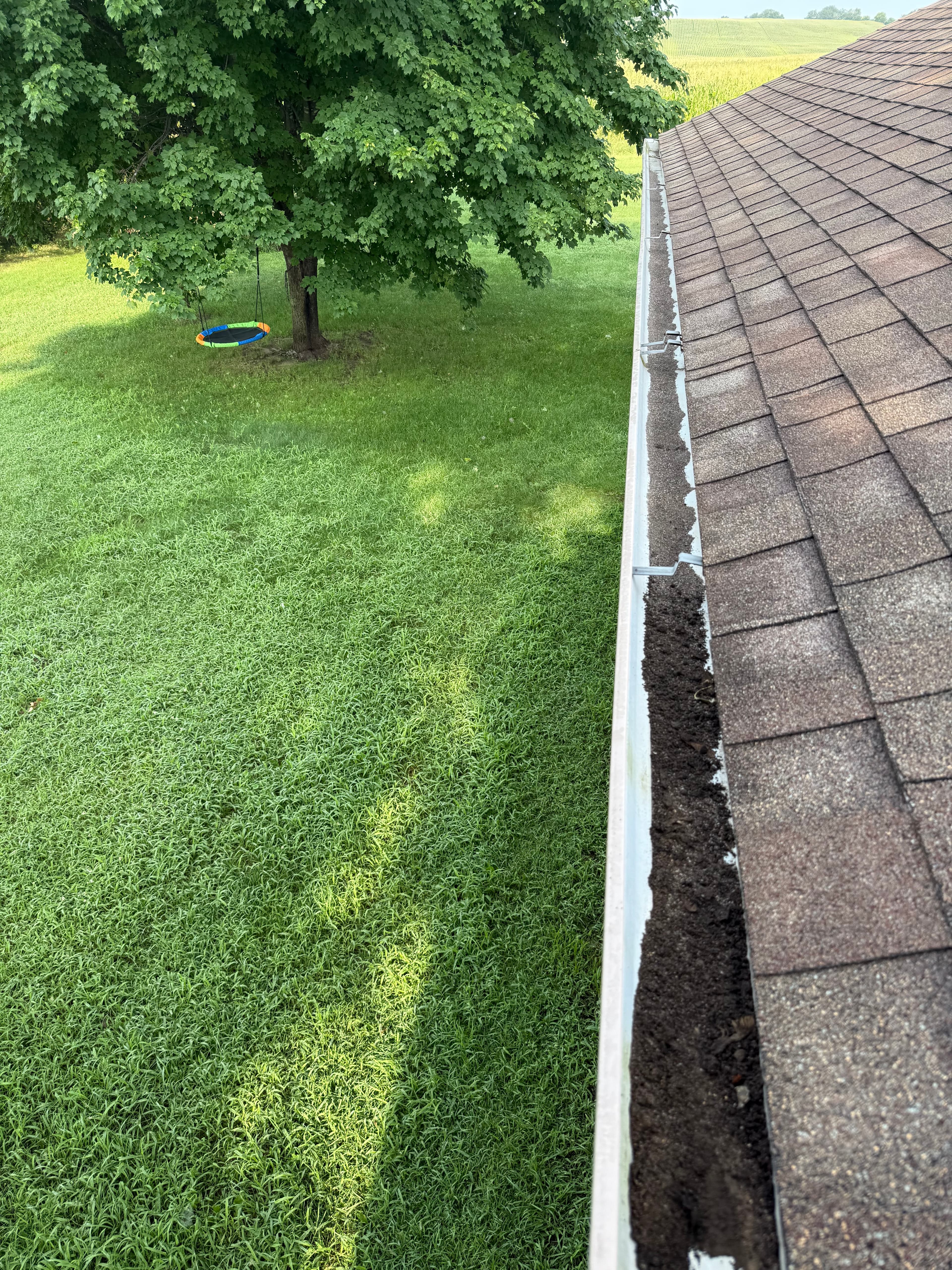 Gutter before cleaning with visible obstruction