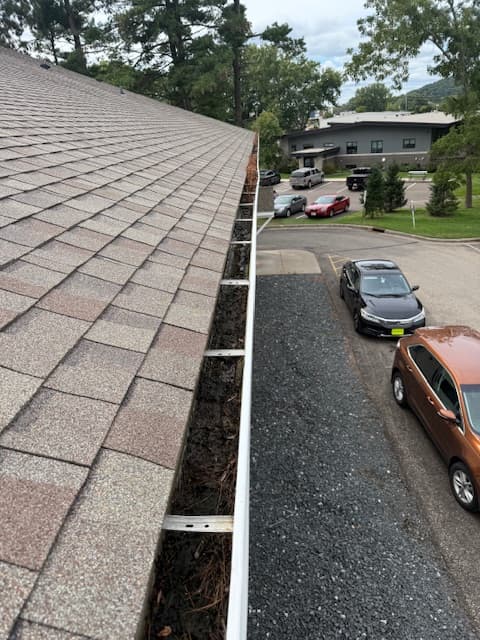 Gutter before cleaning with debris accumulation