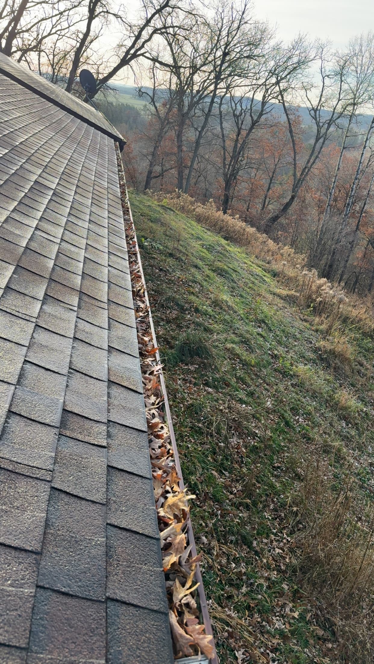 Gutter before cleaning with visible debris and staining
