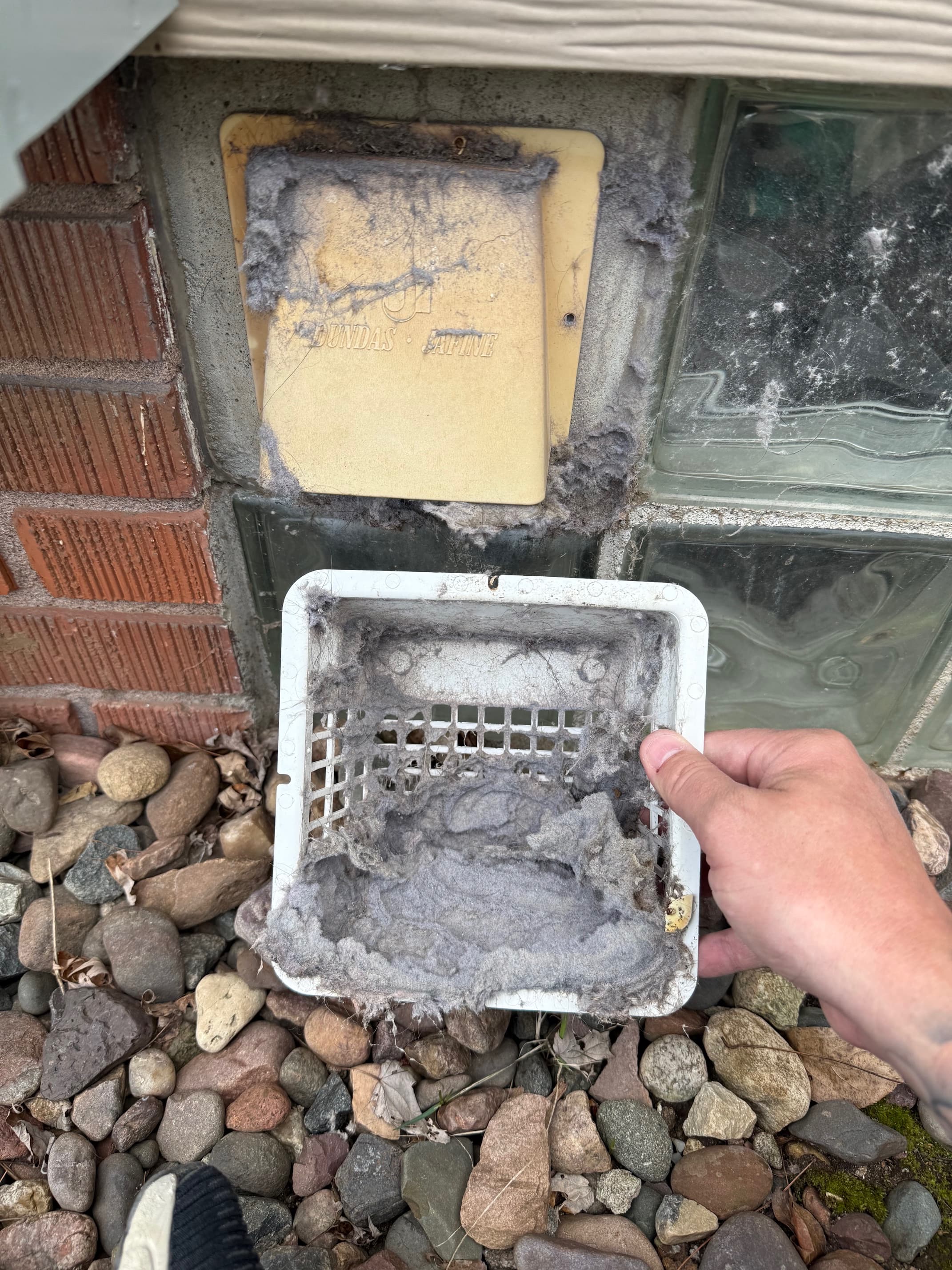 Dryer vent before cleaning with debris accumulation